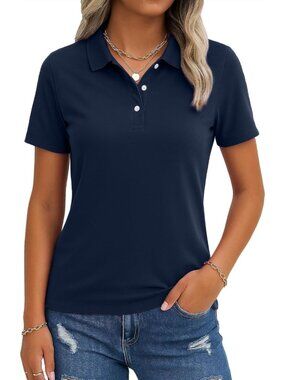 Women's Navy Polo Shirts Short Sleeve 3-Button UPF50+ Golf Tops Casual Fits